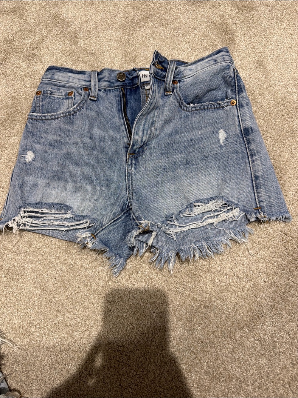 pistola light blue distressed denim cutoff shorts with frayed hem